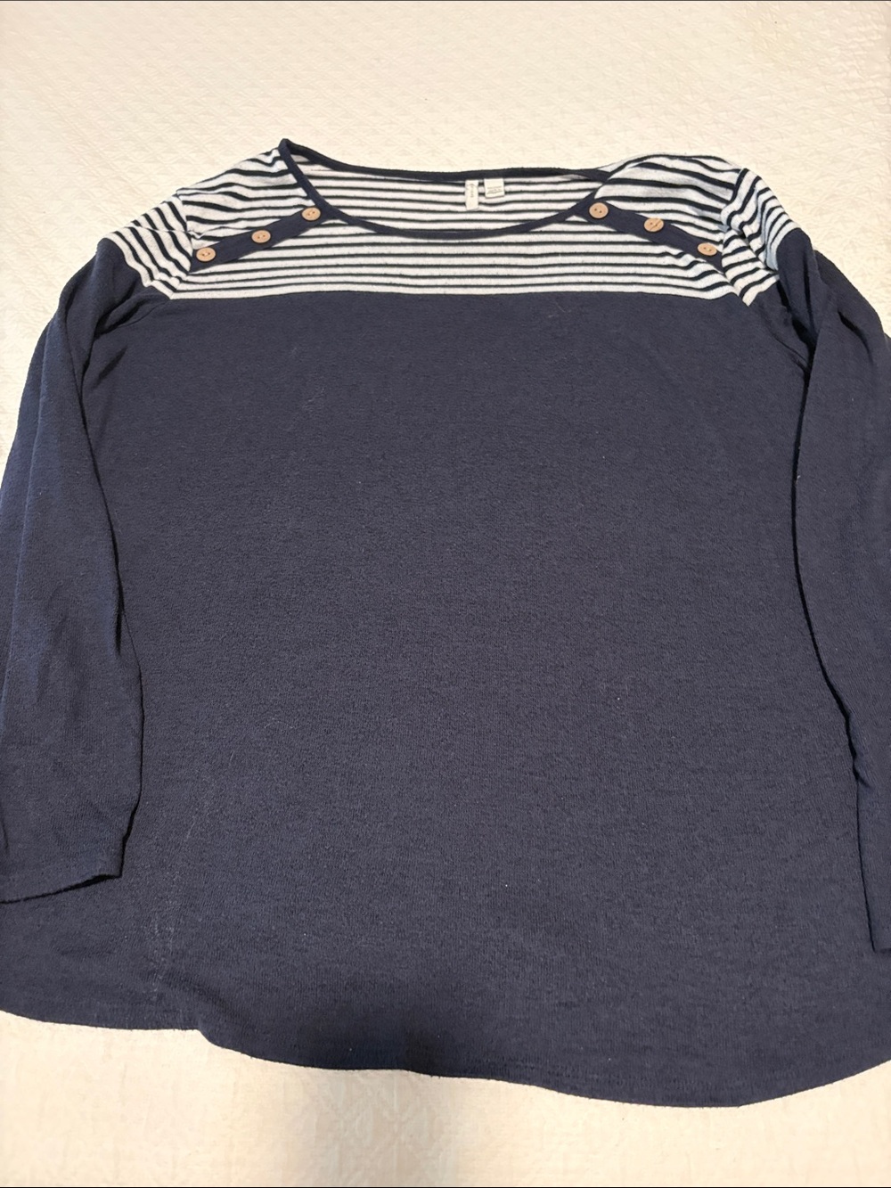 Navy Striped Yoke Long-Sleeve Top with Button Accents